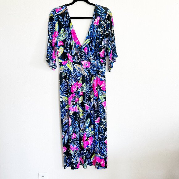 Lily Pulitzer Dress L Floral Parigi Midi Elbow Sleeve Onyx Earned Stripe - Picture 1 of 10